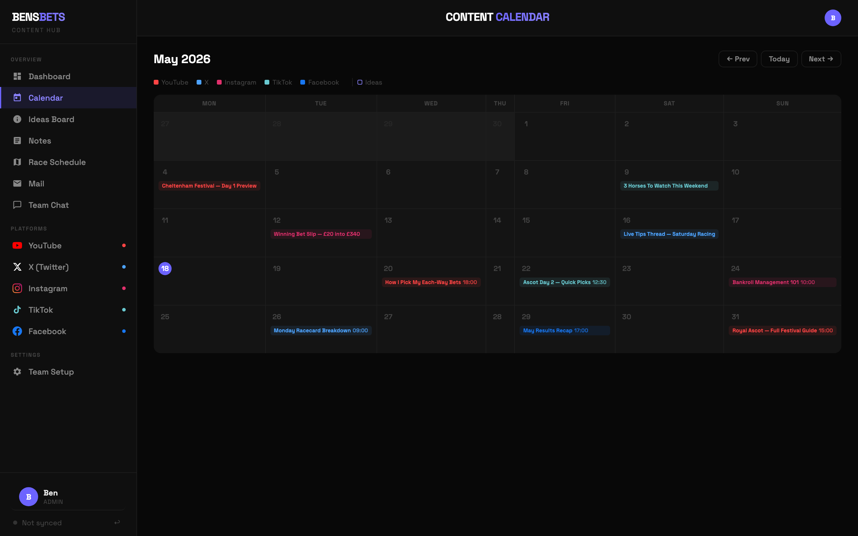 BensBets Content Hub — content calendar