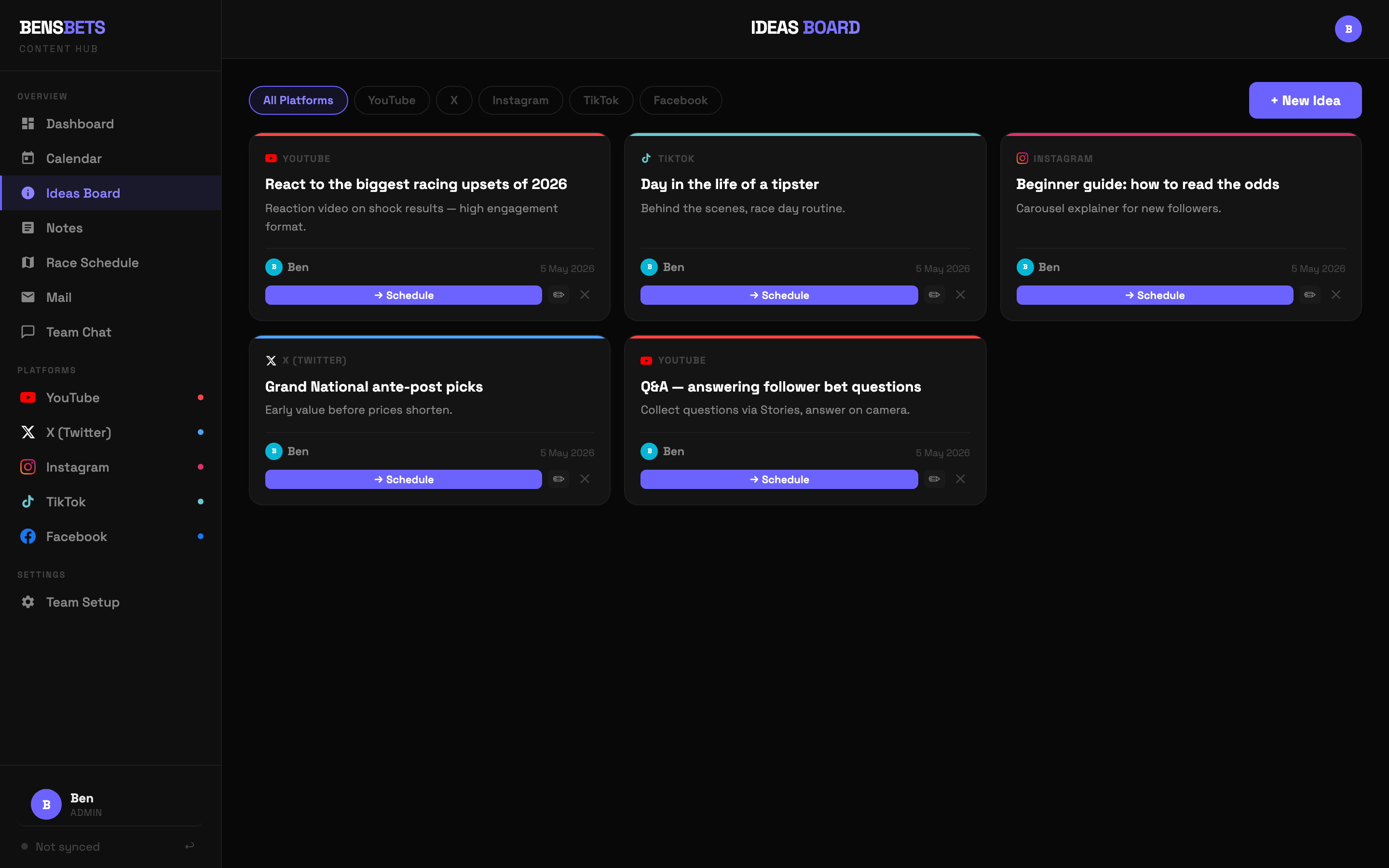 BensBets Content Hub — ideas board