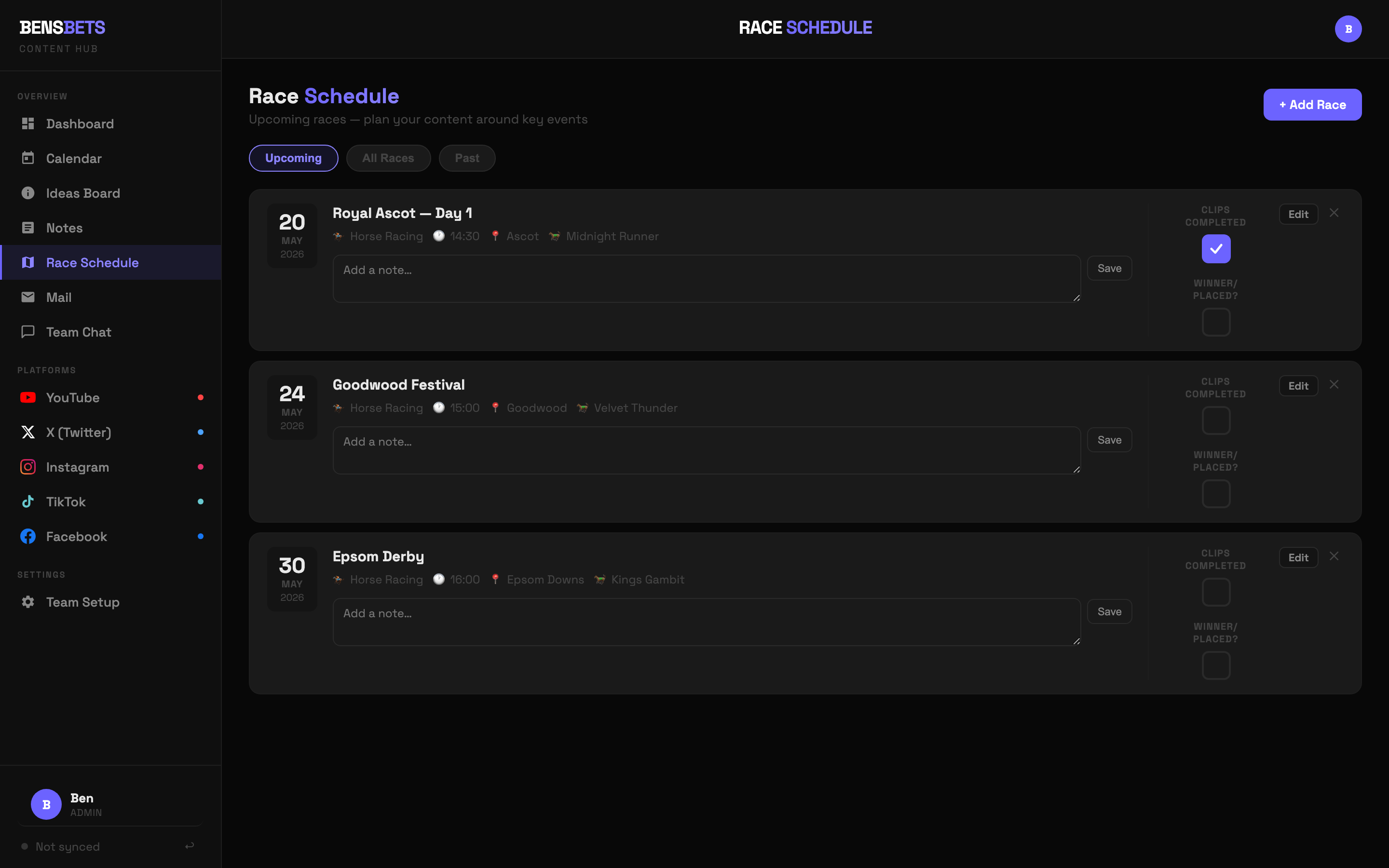 BensBets Content Hub — race schedule