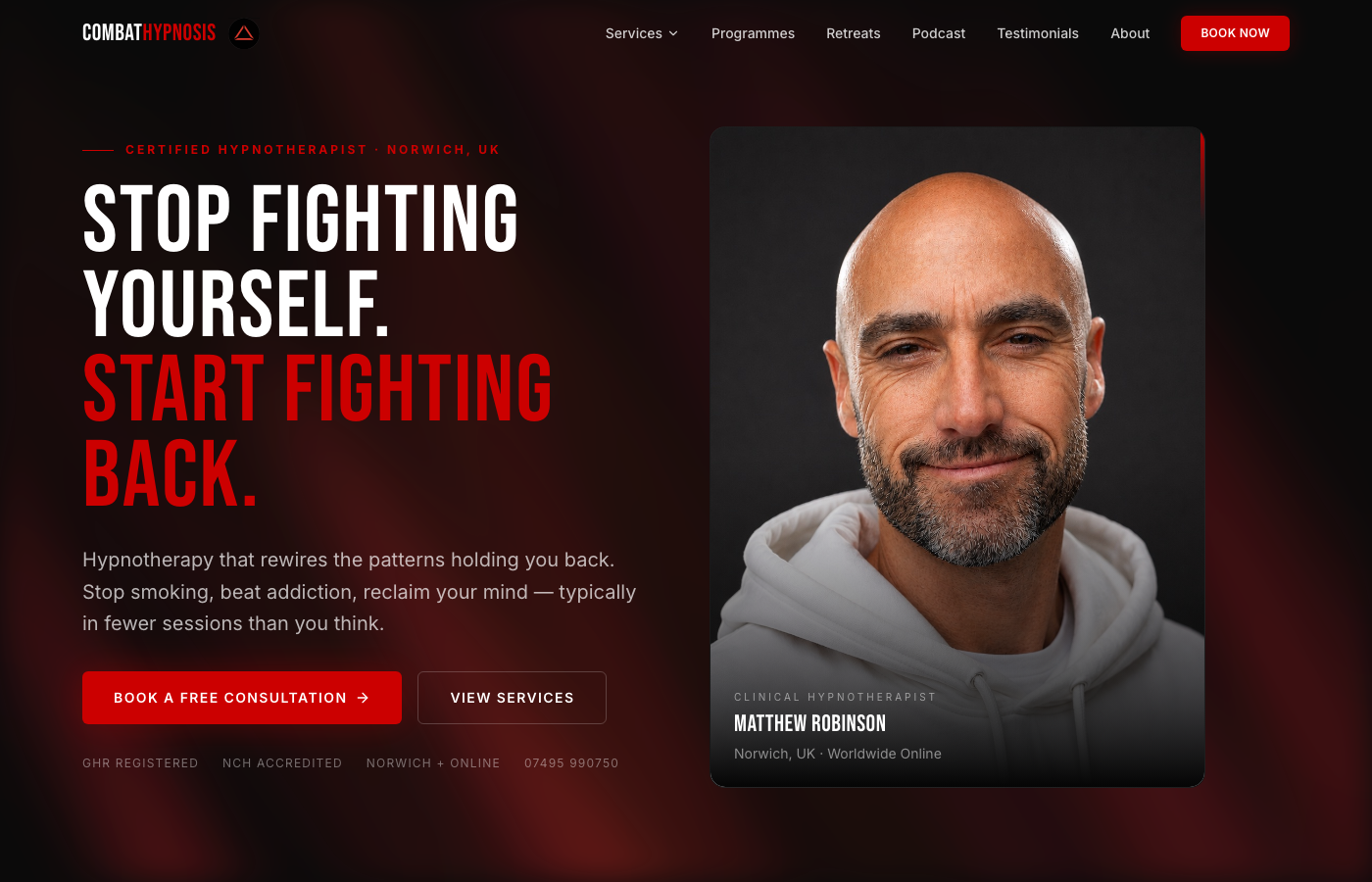 Combat Hypnosis — homepage hero section