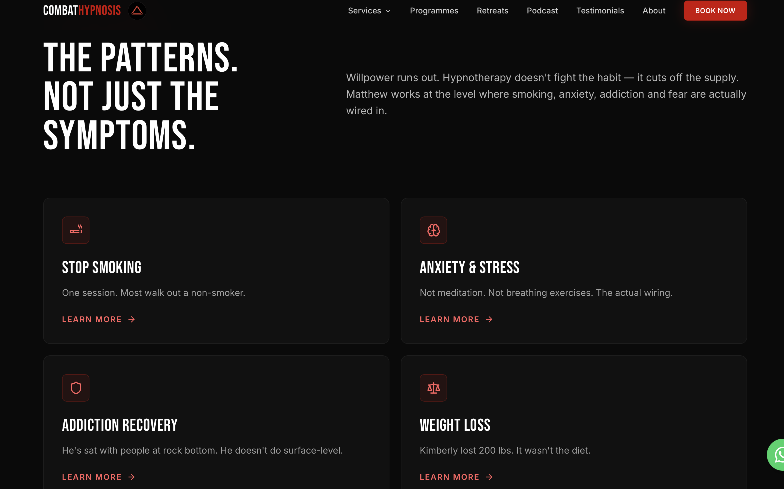 Combat Hypnosis — services section